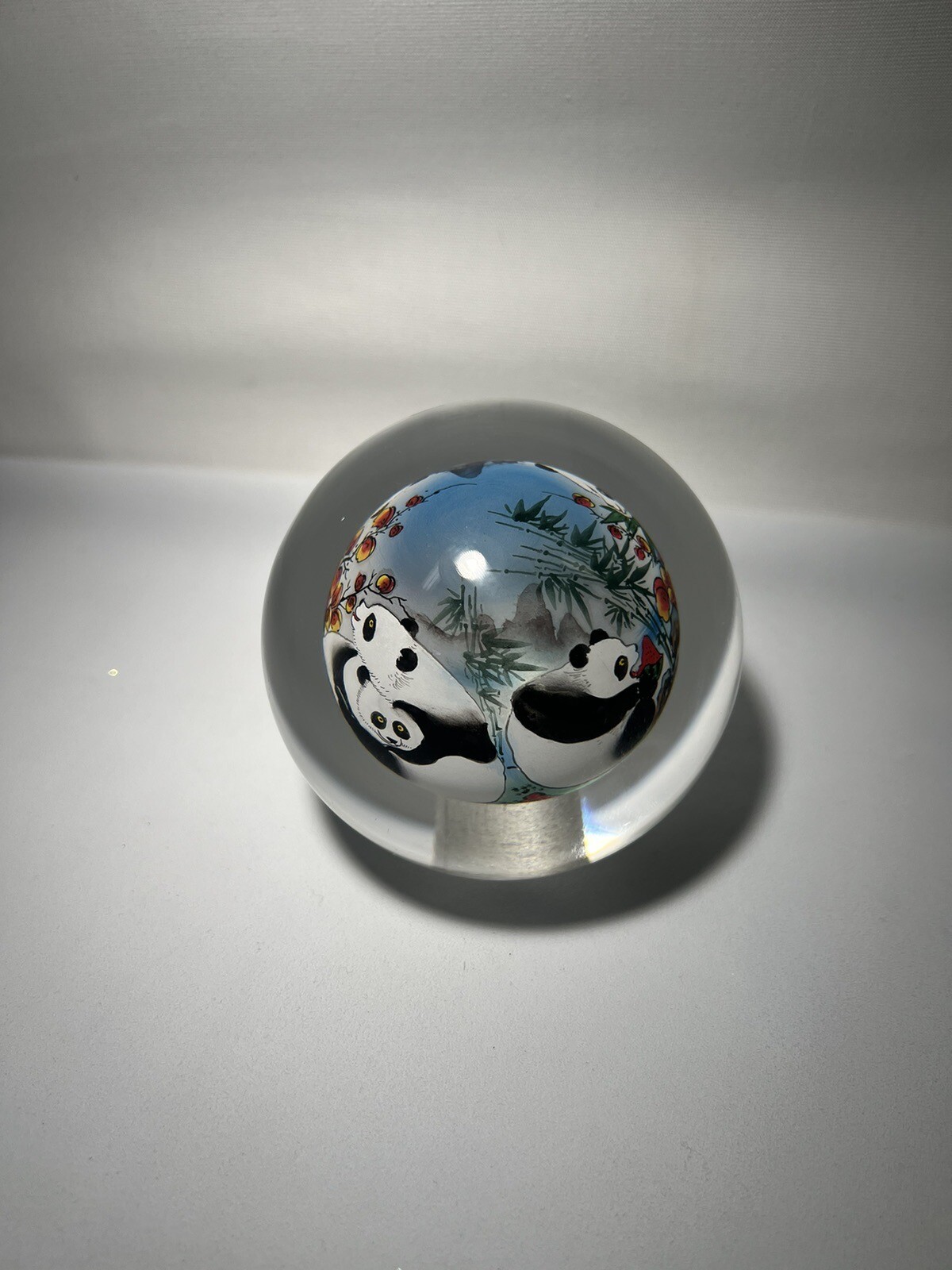 Chinese Glass Ball Sphere Paperweight Reverse Hand Painted Pandas Eat Watermelon
