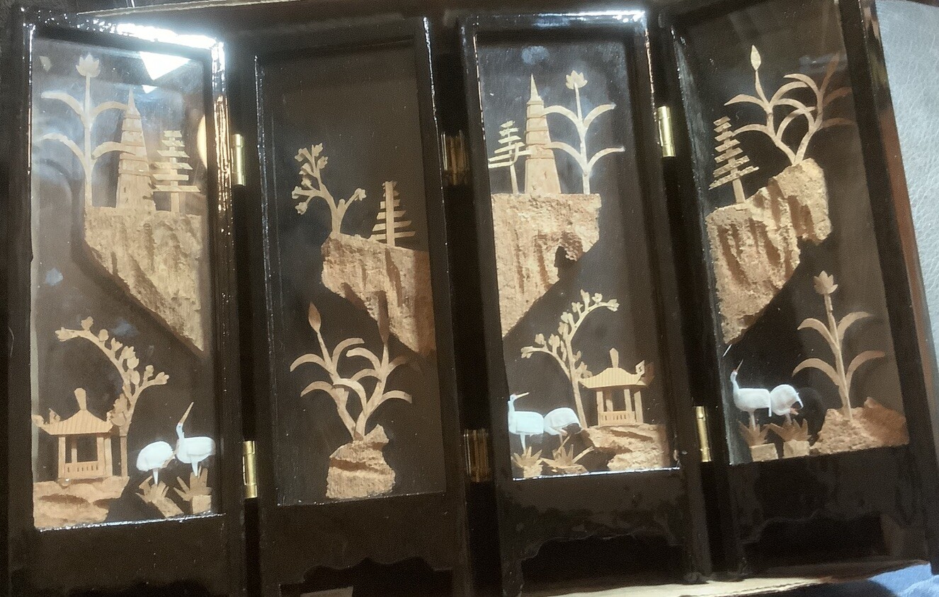 Chinese Asian Carved Cork Art Diorama Folding Glass Table Decor Black Frame VTG