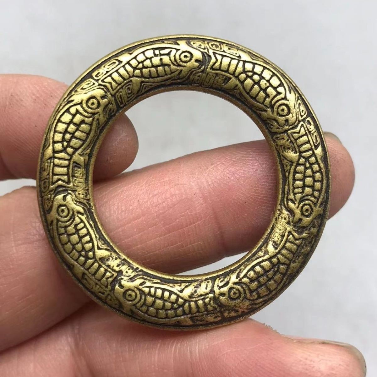Antique Embossed Fish Circle Auspicious Wealth Abundance Lucky Amulet Token