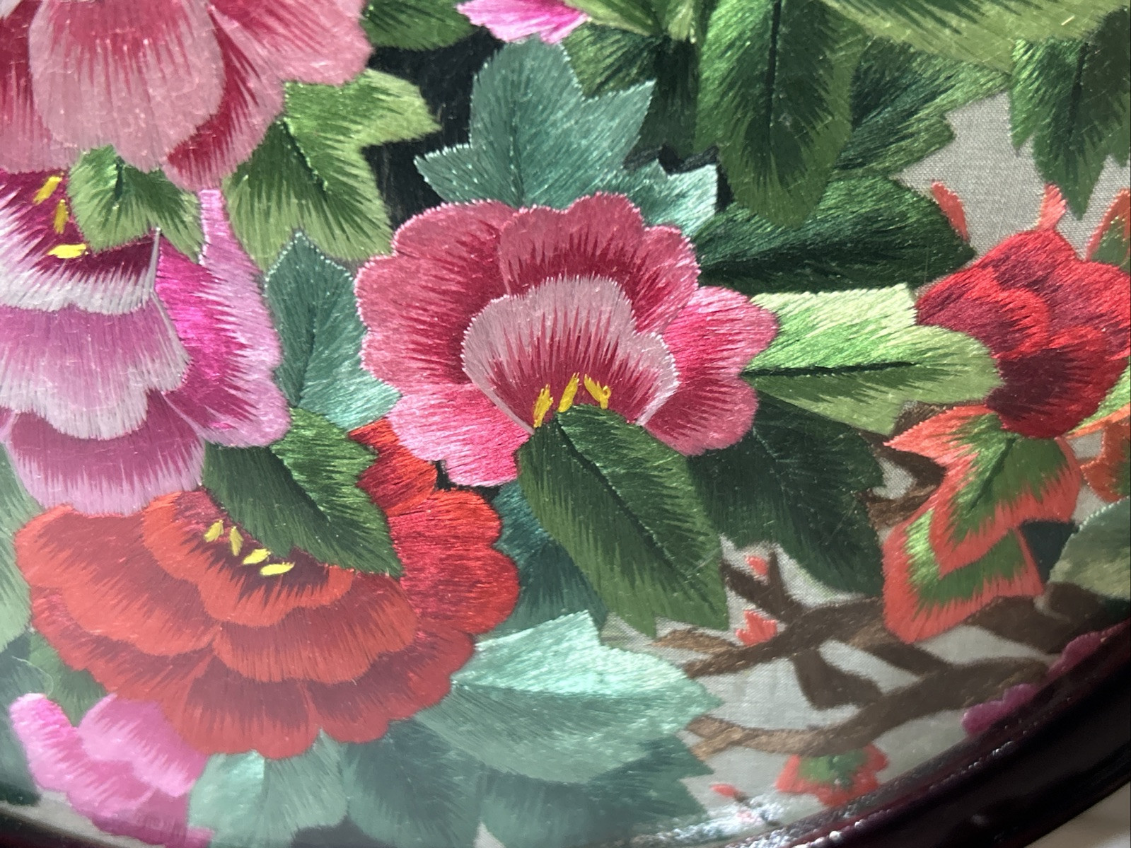 Chinese Double Sided Silk Embroidery Flowers 12″ Carved Wood Stand Peonies (d1)