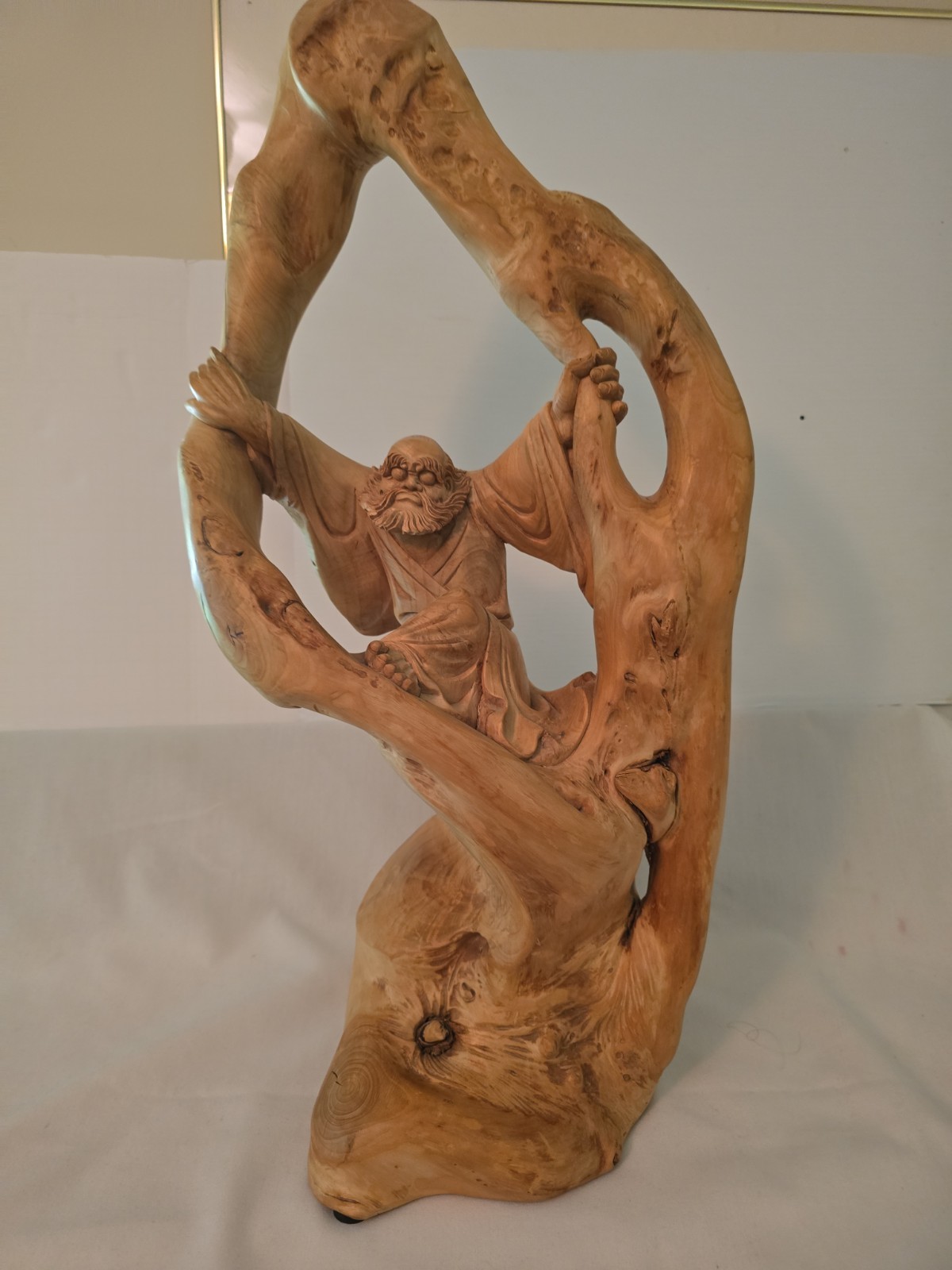 Large Handcarved Cypress Wood Statue Of Bodhidharma Founder Of Zen Buddism