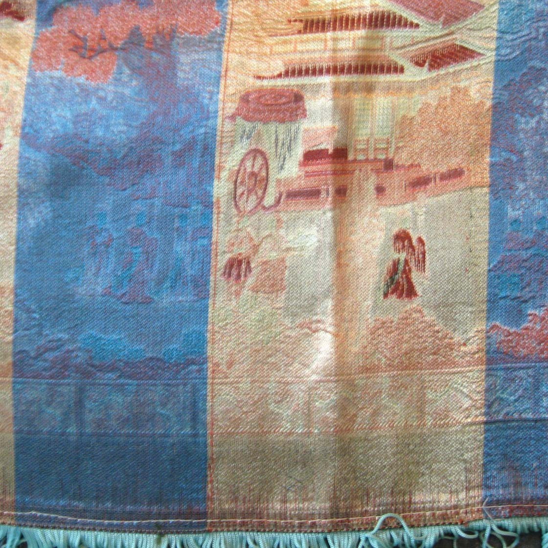 Vtg Asian Brocaded Flowers Silk Tapestry Fringed Tablecloth 40 by 60 In WWII Era