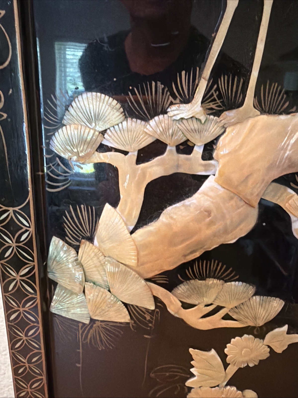 VTG 50’s Chinese Panel Carved Mother of Pearl Birds Crane Tree Black Lacquered