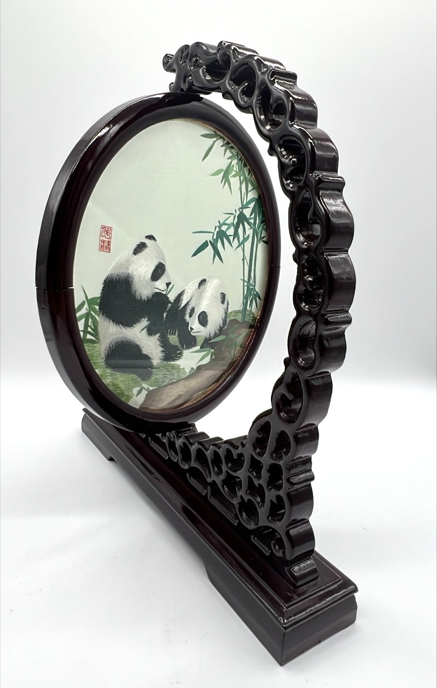 🐼 Vintage Chinese Silk Embroidery Panda Bamboo Round Panel w/ Carved Wood Stand