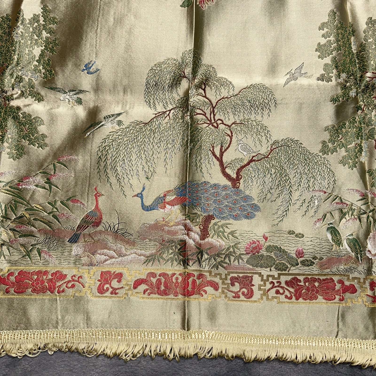 Vintage Brocaded Flowers Tablecloth Dujinsheng Silk Weave Fringe Peacock Crane