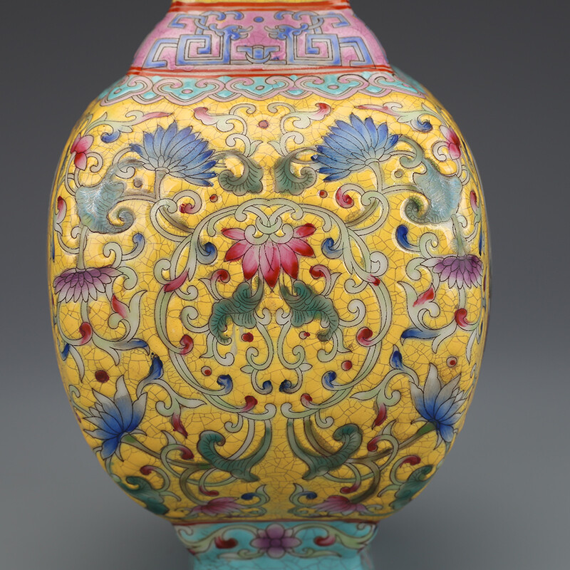 8.8″ China Colour Enamels Porcelain Yellow Glaze Hill Water Scenery Two Ear Vase