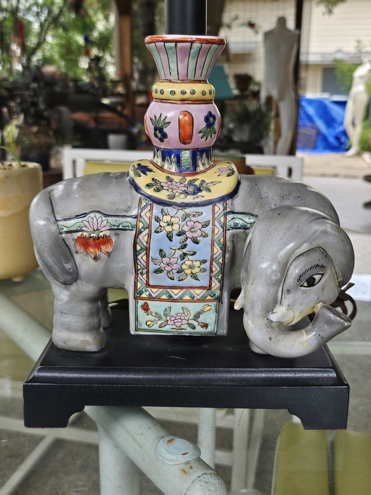 Vintage CHINESE ENAMELED PORCELAIN ELEPHANT WITH A ZUN VASE Turned Lamp