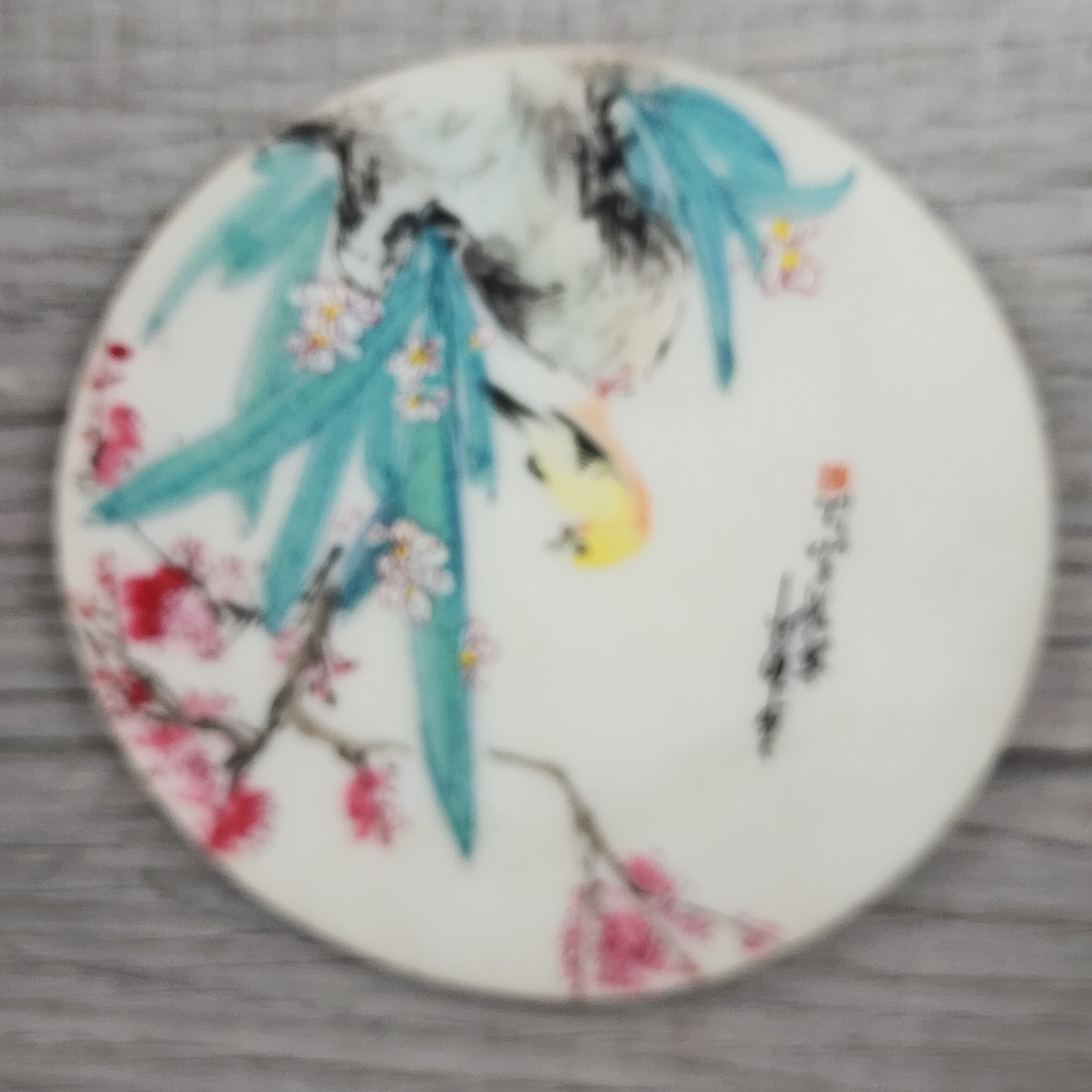 Chinese Hand Painted Porcelain Plaque Table Screen Bird Blossom W/ Wood Stand