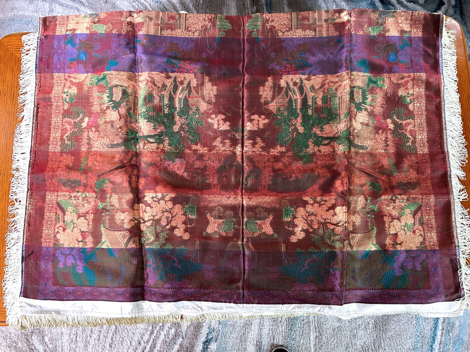 VINTAGE “BROCADED FLOWERS” CHINESE SILK TAPESTRY TABLECLOTH/WALL HANGING 56″x38″