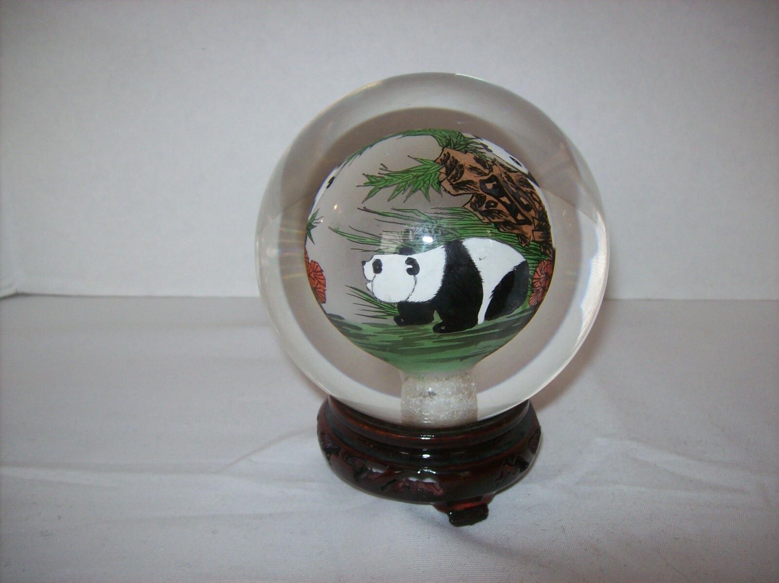 Asian Panda Bears Reverse Hand Painted Solid Glass Ball-Orb-Sphere-Globe w/Stand