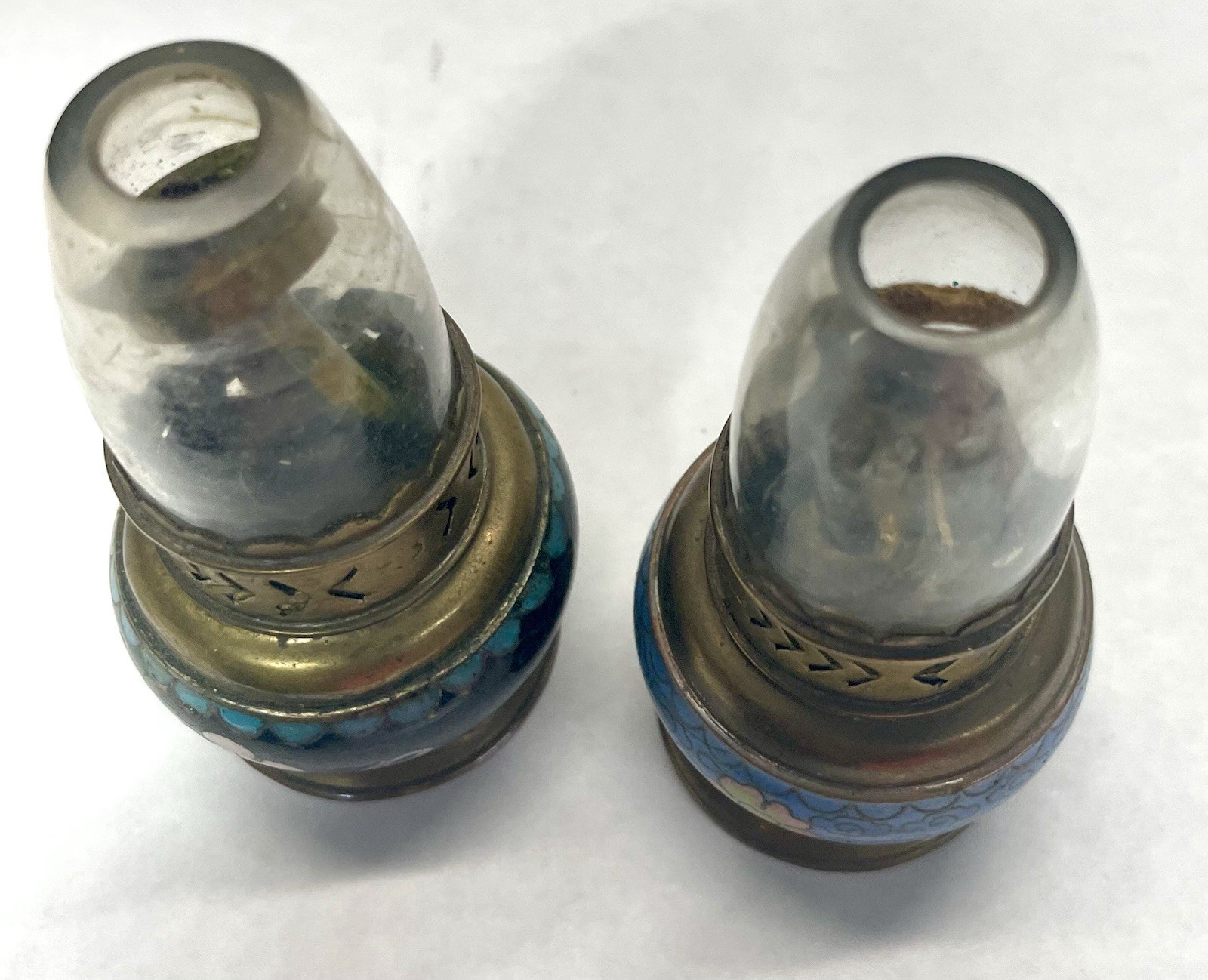 Vintage Cloisonne Enamel Mini Oil Lamp Pair Hong Kong Brass Glass Chimneys
