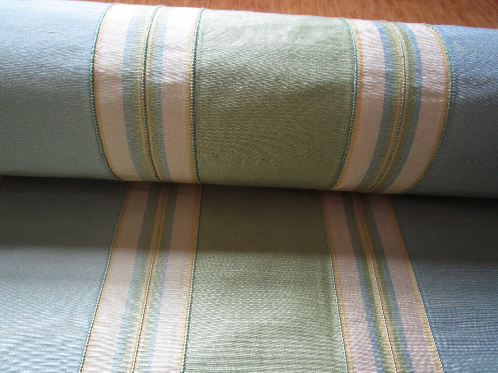 Pale Green Sky Blue Silk Fabric Yellow Beige Stripe raised detail 12.86Yds