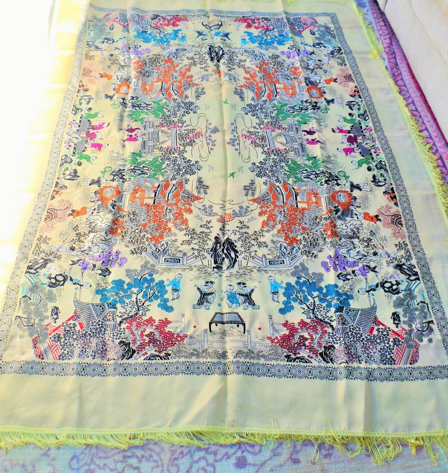 VTG CHINESE SILK BROCADE TABLECLOTH PIANO SCARF ASIAN VILLAGE CELEBRATION 74X56