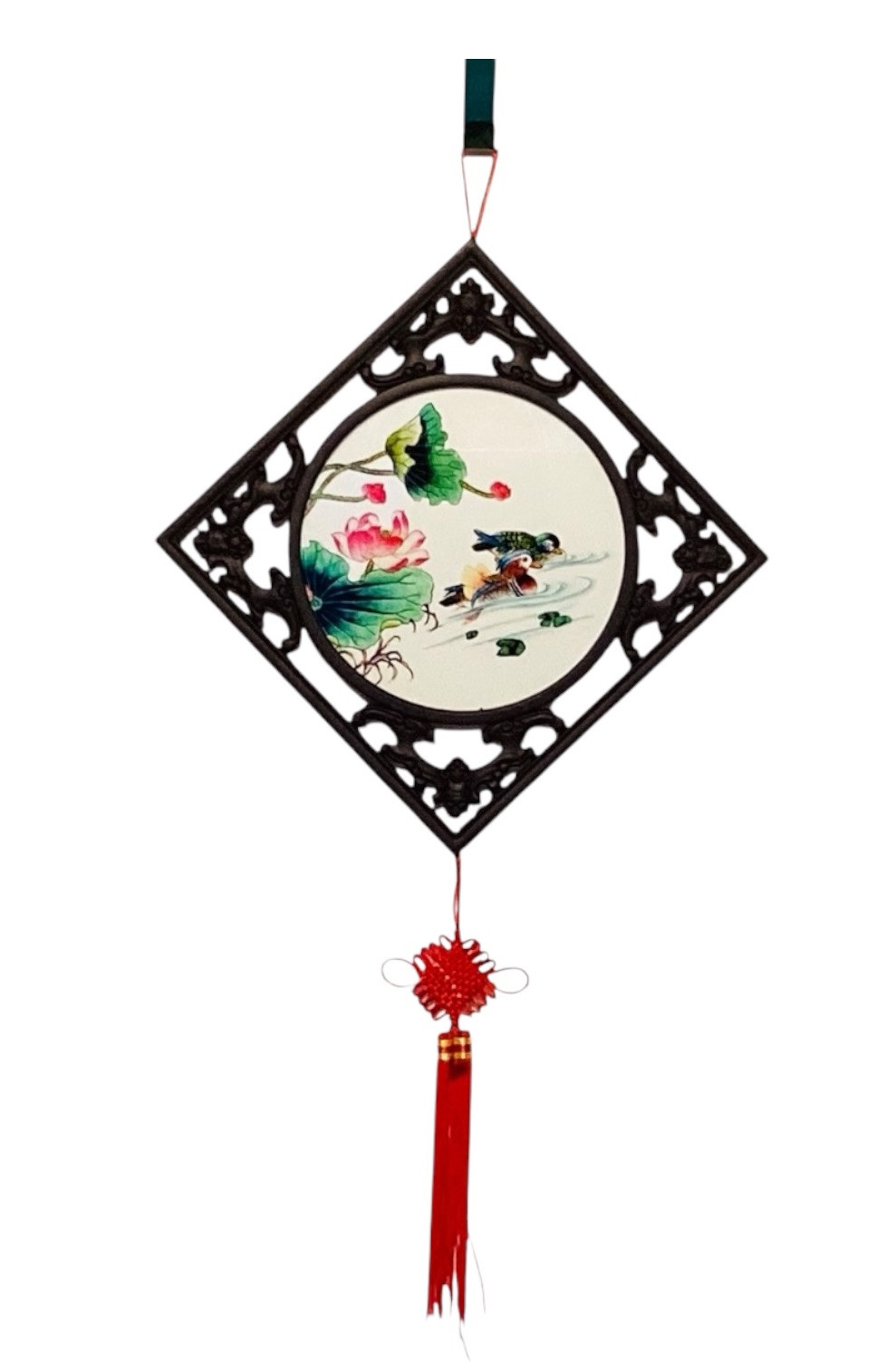 Asian Two Side Porcelain Plate Carved Brown Frame Red Tassel Wall Decor 32in