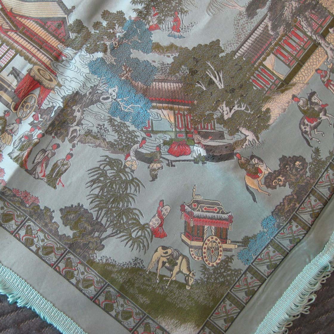 Vtg Asian Brocaded Flowers Silk Tapestry Fringed Tablecloth 40 by 60 In WWII Era
