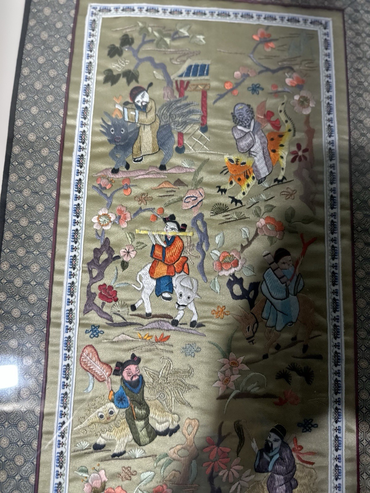 Chinese hand embroidered silk Art Piece Framed. The Actual Piece 27 X 13”