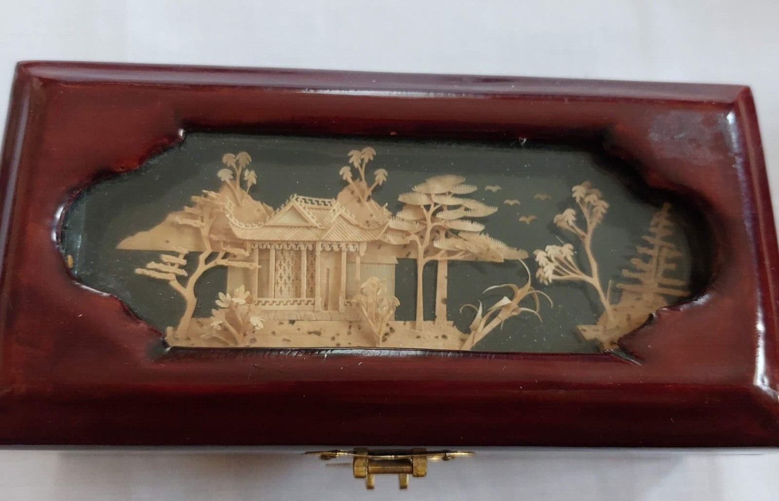 VTG San You Asian Jewelry Wood Box Diorama Cork Art Pagoda Scene Brass Lined
