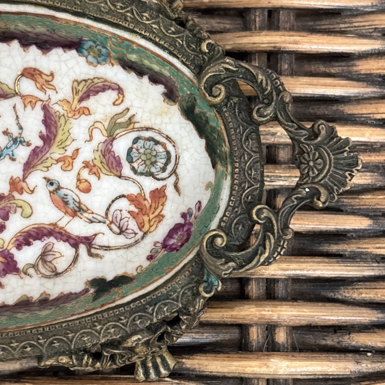 Vintage Hua Ping / Rong Tang Zhi Porcelain Brass Footed Soap or Trinket Dish