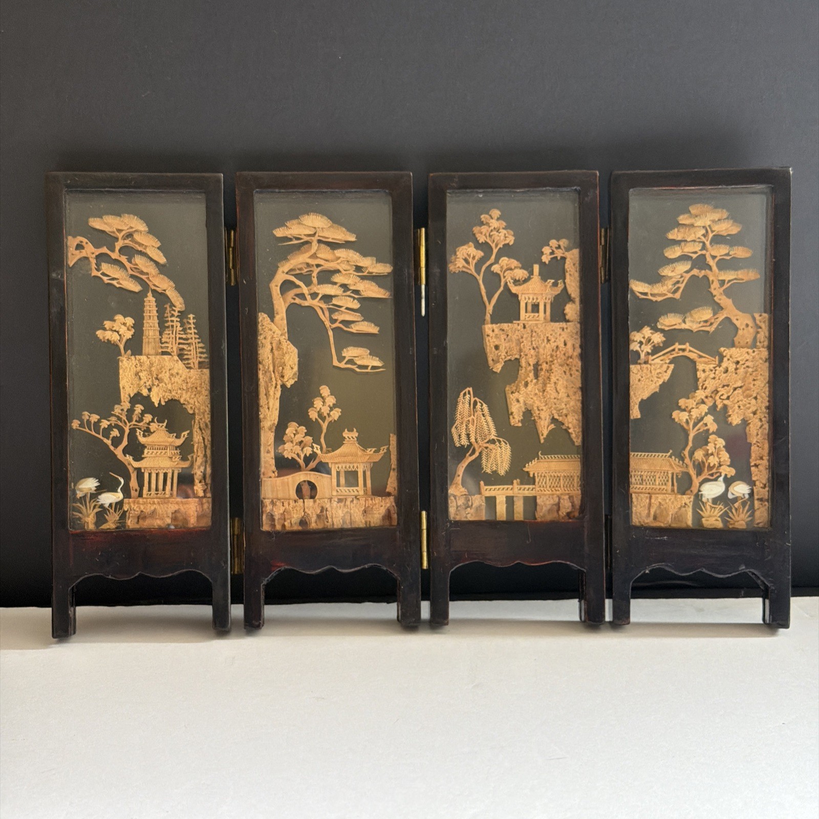 Vtg Chinese Cork Art Screen Folding 4 Panel Glass Pagoda Cranes Black Lacquer