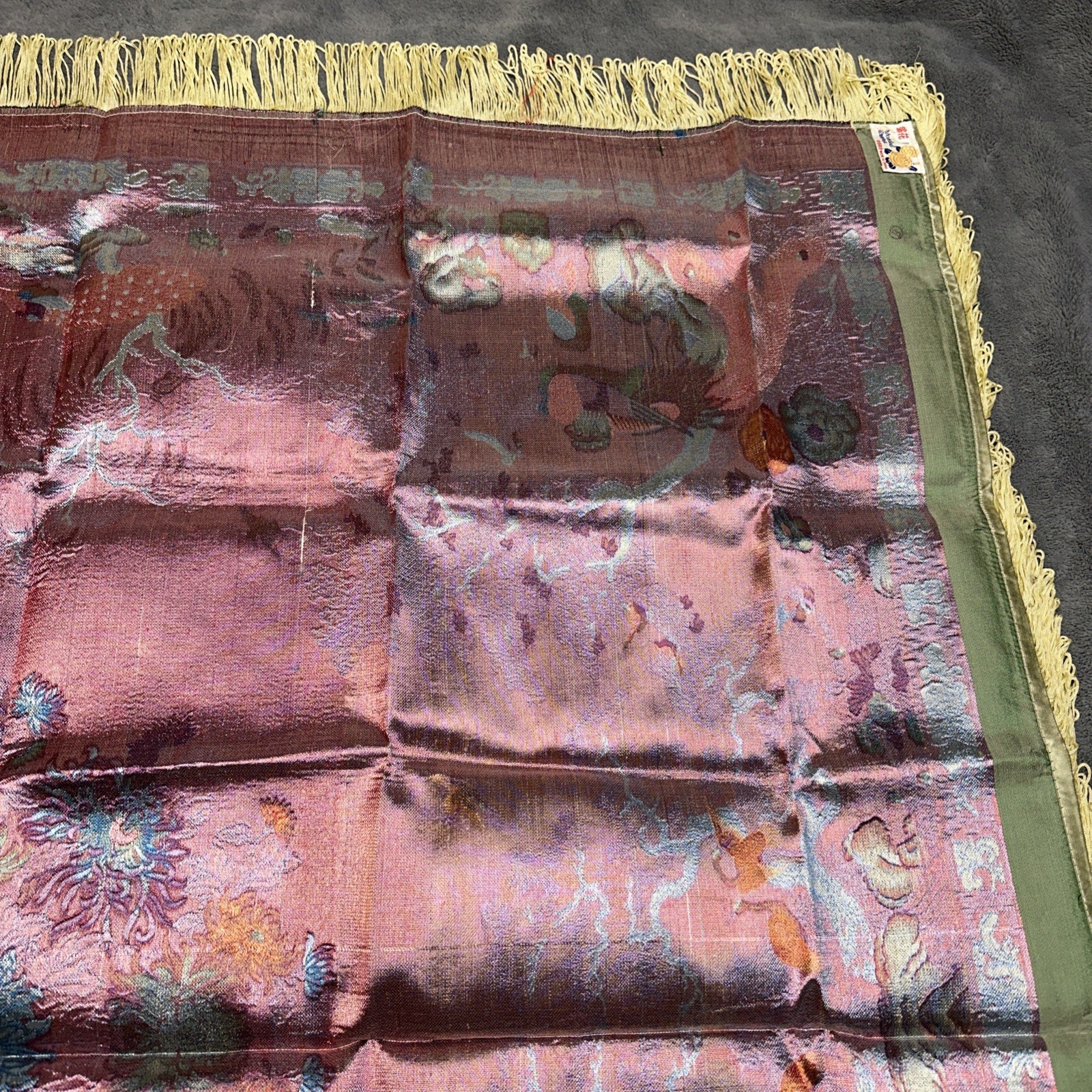 Vintage Brocaded Flowers Tablecloth Dujinsheng Silk Weave Fringe Peacock Crane