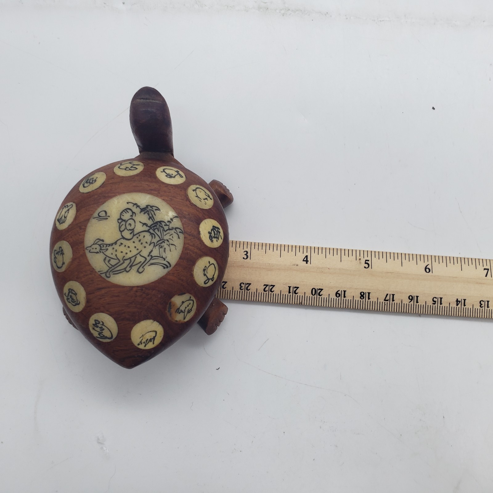 Vintage Carved Wood Turtle with Inlaid Chinese Zodiac Signs Opens to Compass