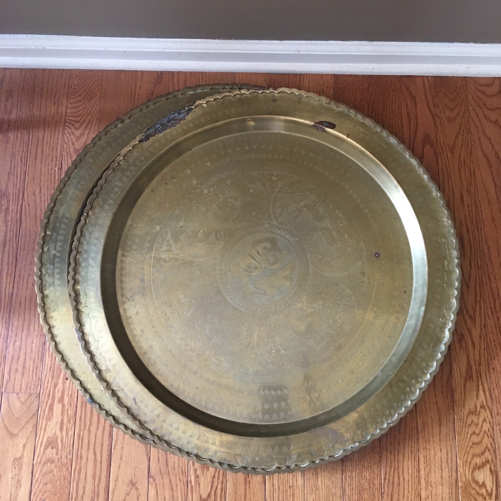 2 Vintage Chinese Heavy Tooled Motif Round Brass Tray 24″ w/ Raised Riveted edge