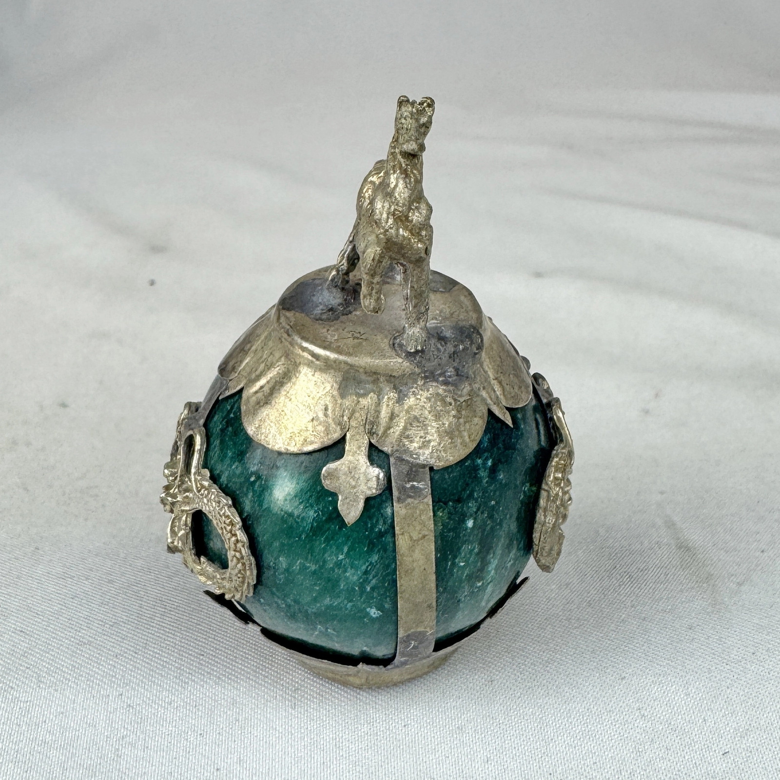 Vintage Chinese Zodiac HORSE Green Marble Orb, Pewter/Tin Finial, Dragon Motif