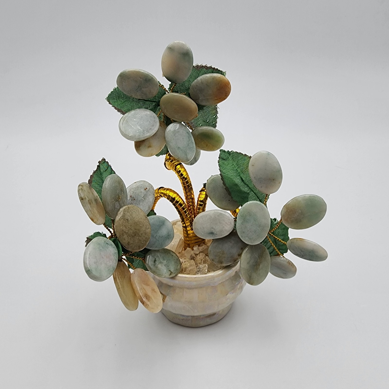 VTG Wealth & Wishes Bansai Tree Jade Leafed Gold Trunk Quartz Soil 7” Thailand