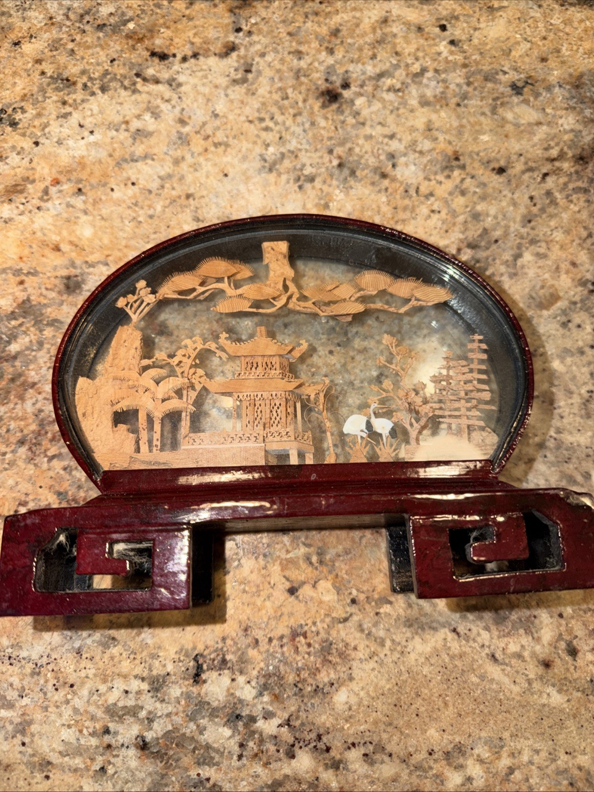 Vintage Chinese Hand Carved Cork Diorama in Red Lacquered Oval Frame