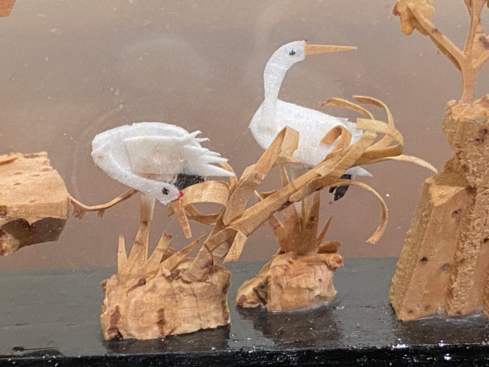 Vintage Chinese Hand Carved Cork Art w/ Storks & Pagoda 3D Diorama