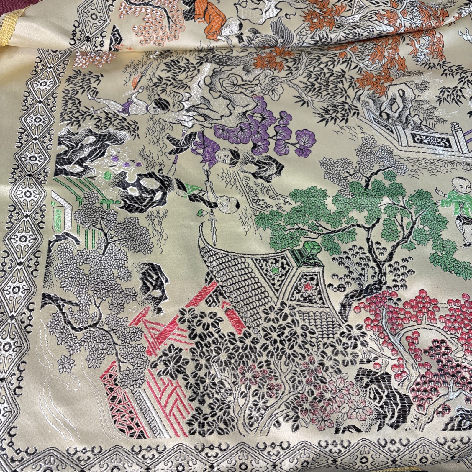 Vtg Brocaded Flowers Chinese Silk Scenic Square Tapestry Table Cloth 46″ X 48″