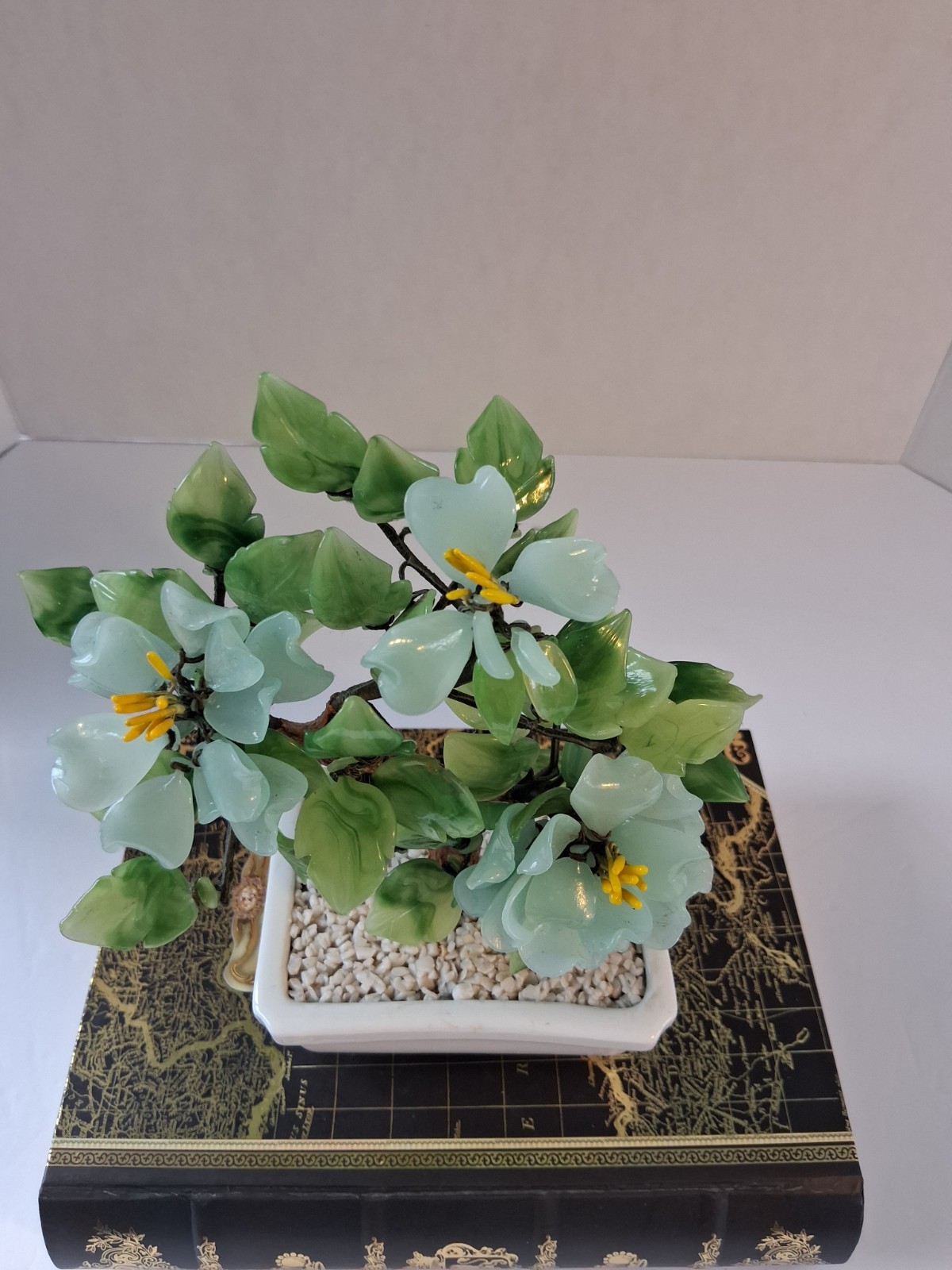Vtg 1980’s Aqua Blue Peking Glass Blossomed & Jade-Stone Leaf Bonsai Tree; EUC!