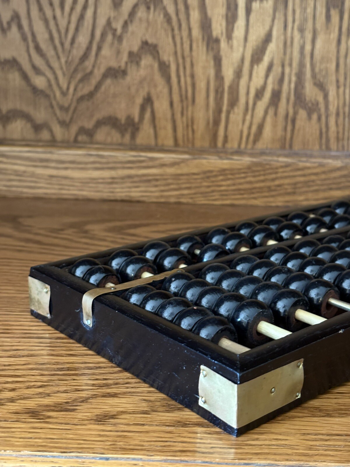 Vintage Zhejiang Chinese Black Wooden Abacus 13 Rods 91 Beads Brass Accents GVC