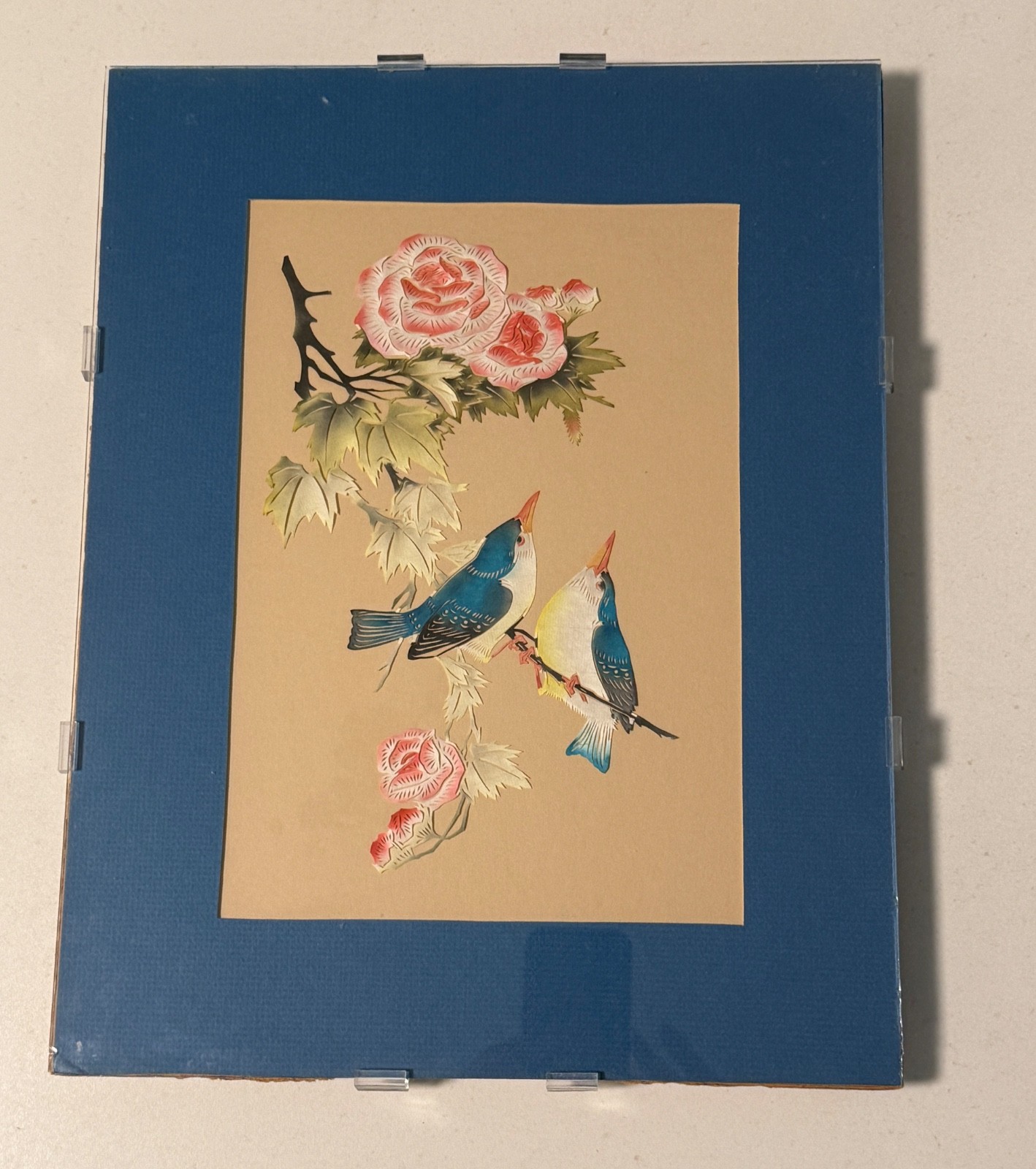Vintage Asian Hand-Cut Bird & Flower Gouache Painting – Mid-Century Chinese ART