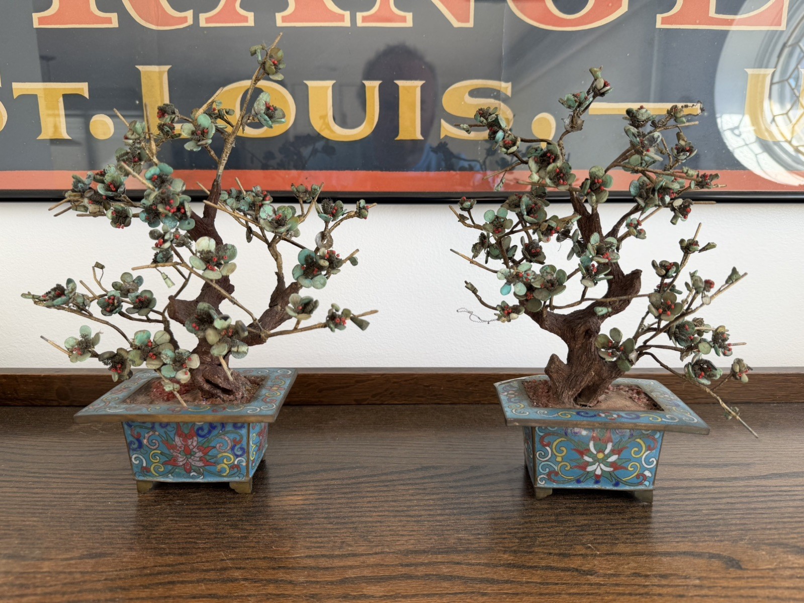 Vintage Pair of Chinese Hardstone Flower Bonsai Trees in Cloisonne Enamel Pots