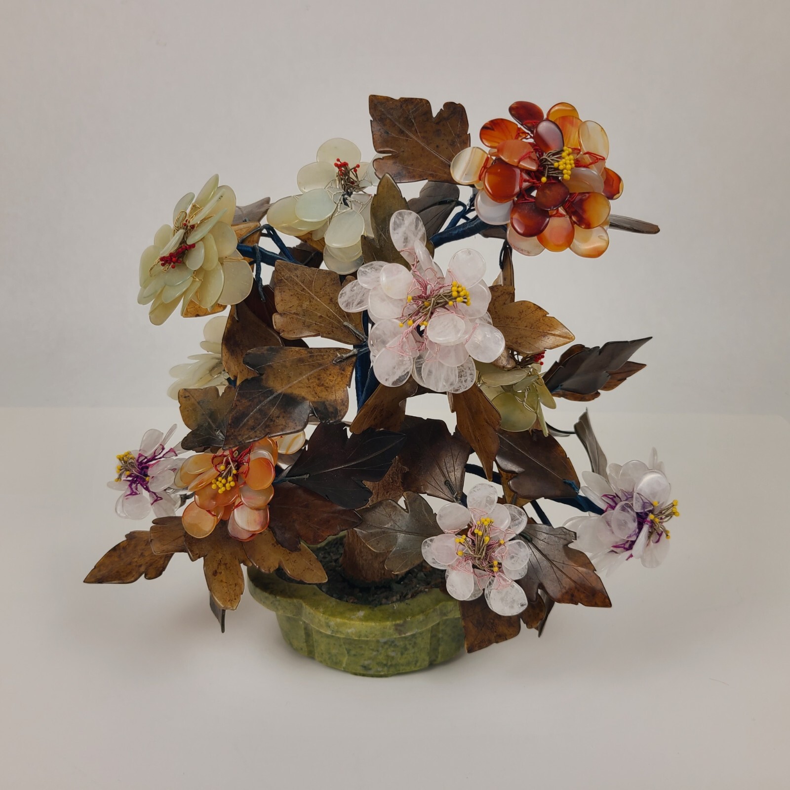 Vtg MCM Carved Agate Jade Quartz Bonsai Tree Flower Blossom Plant 11″ Tall Asian