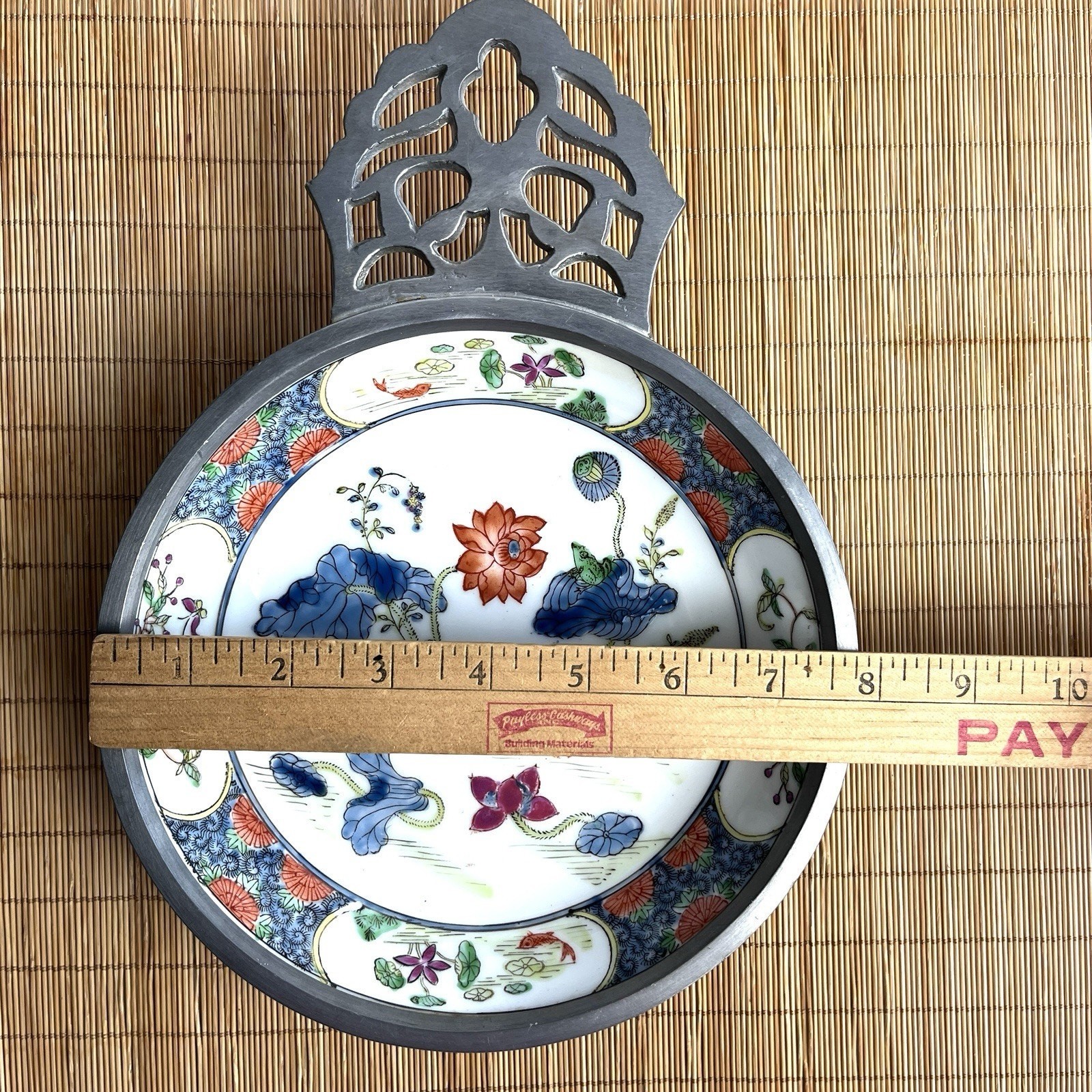 Vintage Canton Ware Ashtray Bowl Hong Kong Japan 8″ diameter Porcelain Pewter