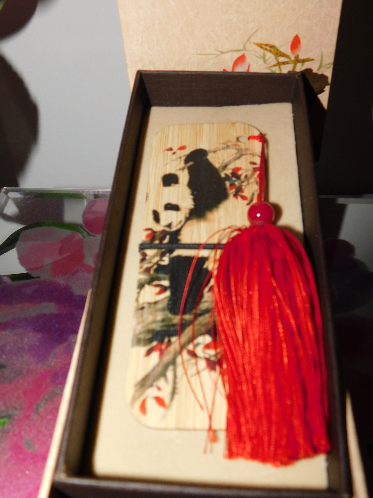 CHINESE COLLECTIBLE WOODEN PANDA BEAR AND SILK TASSEL BOOKMARK