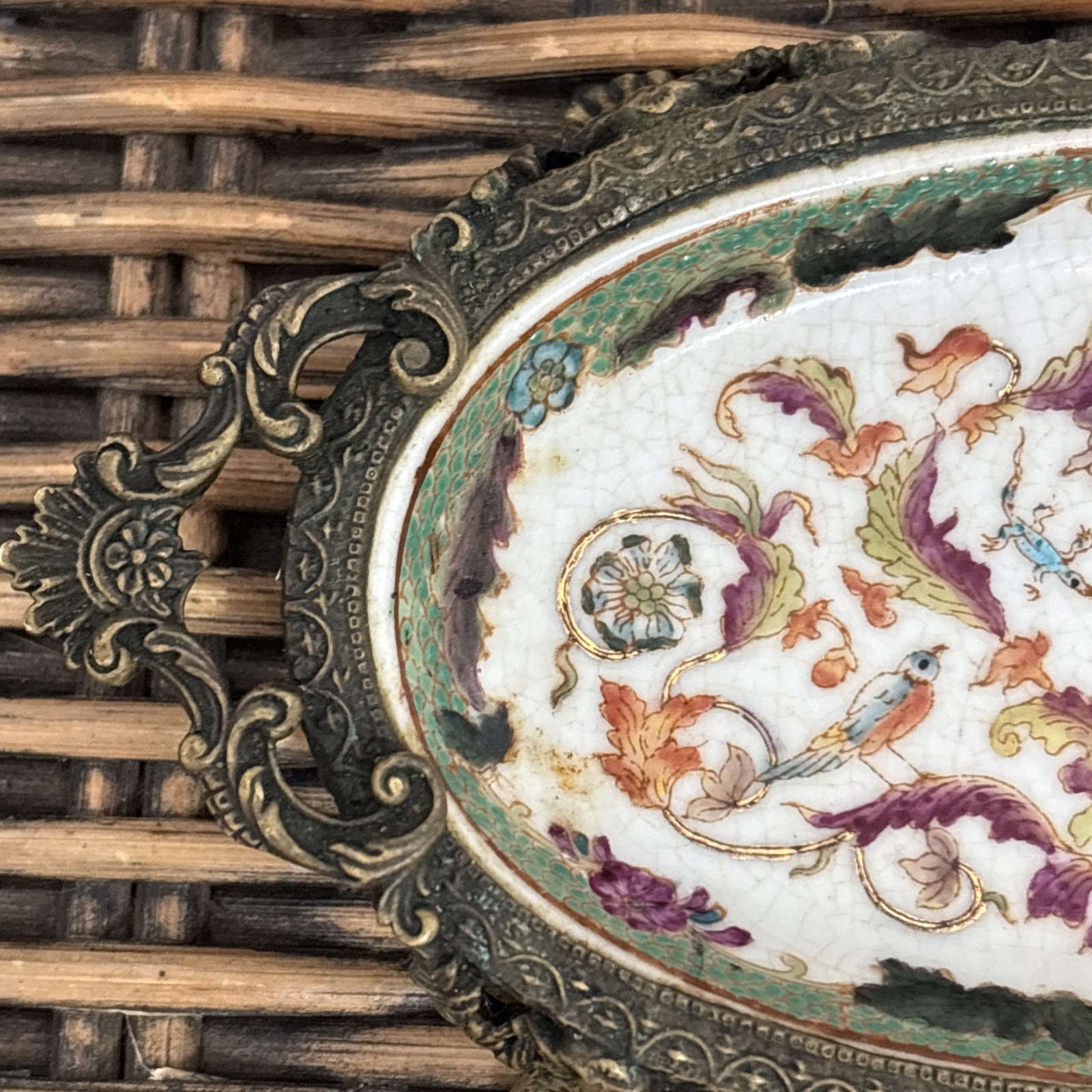 Vintage Hua Ping / Rong Tang Zhi Porcelain Brass Footed Soap or Trinket Dish