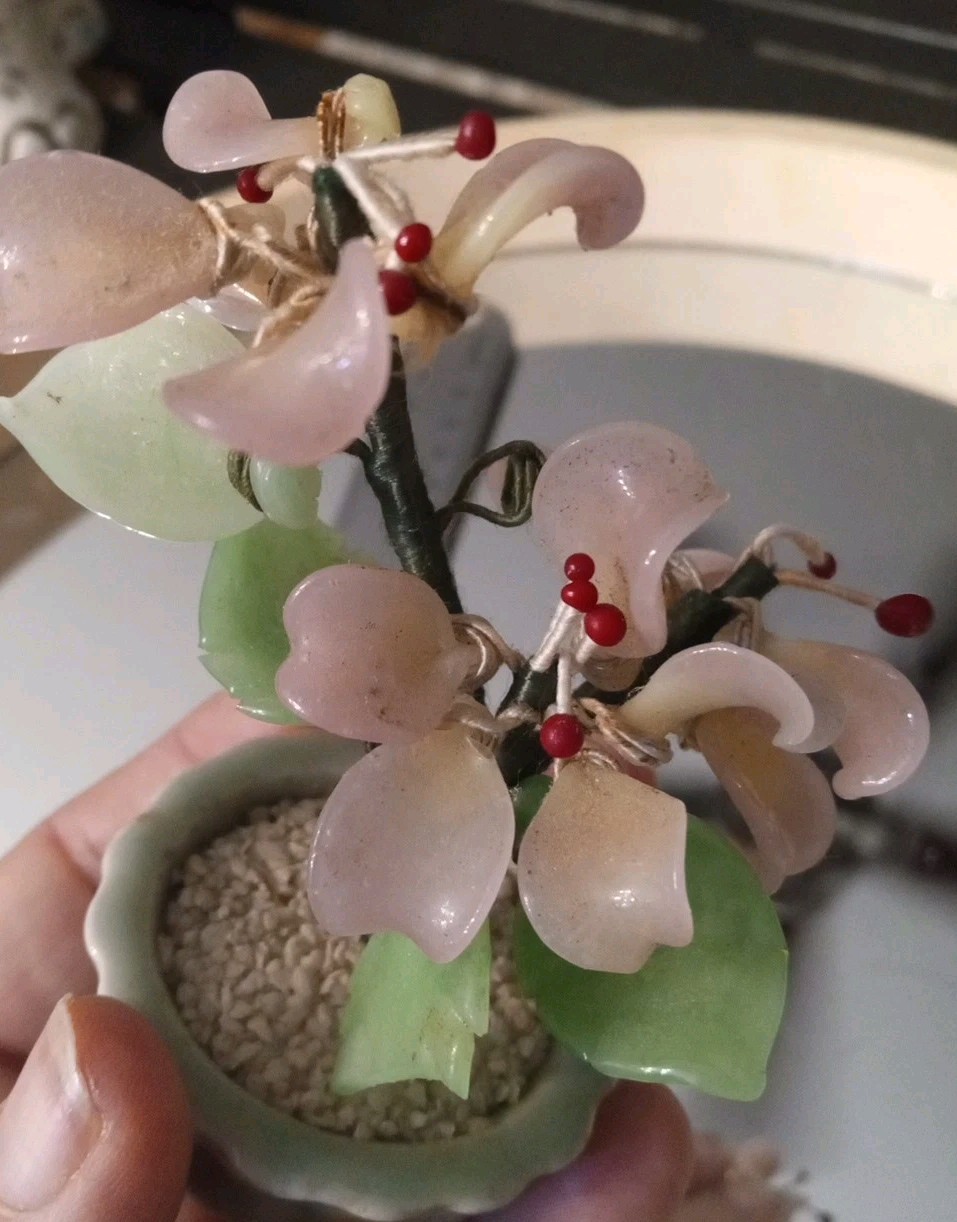 Vintage jade rose quartz flower bonsai tree decorative decor