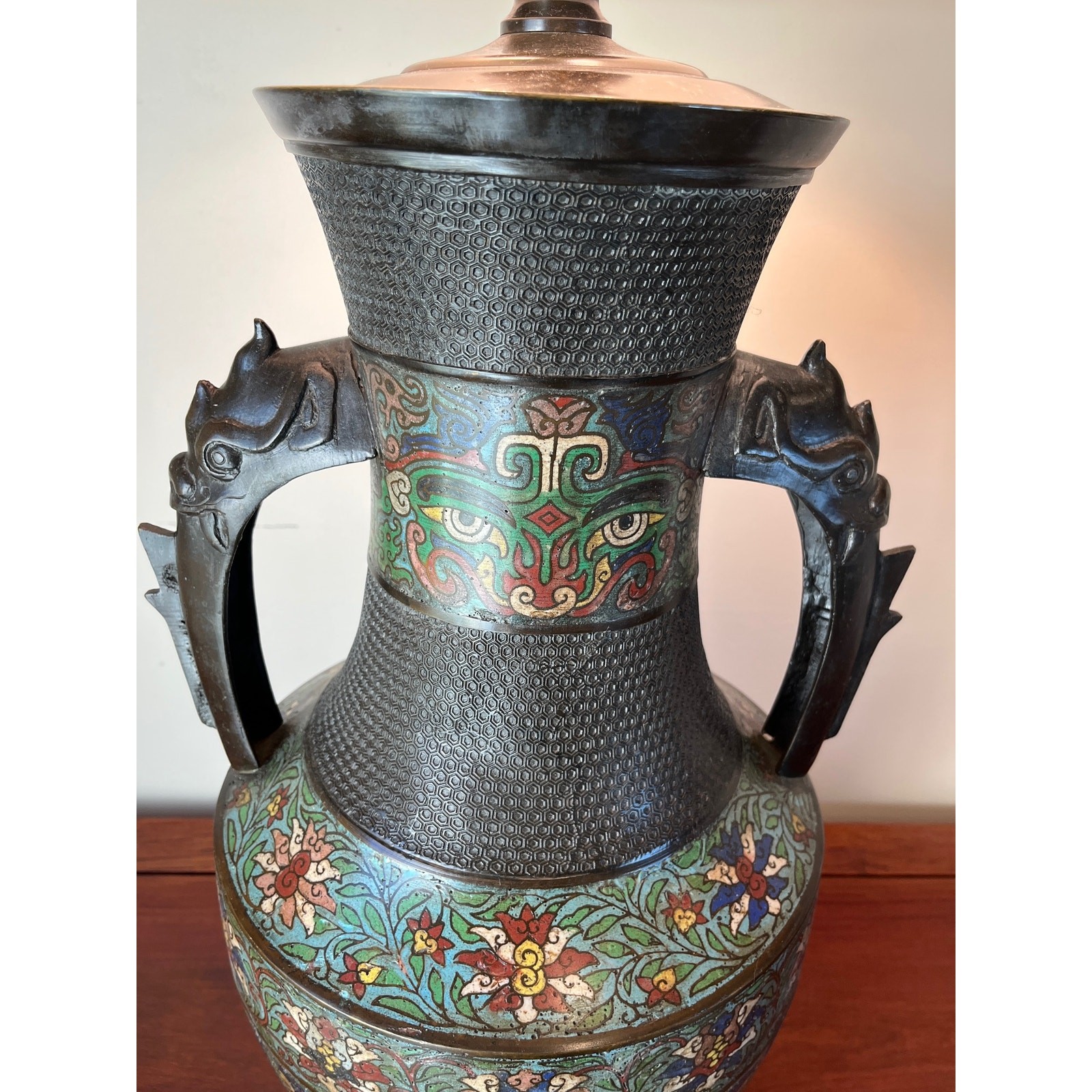 Large 42″ Chinese Cloisonné & Bronze Taotie Hu Vase Table Lamp
