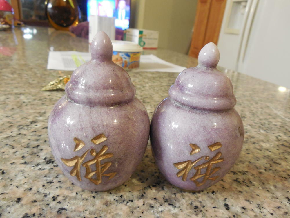 Very Elegant Chinese Pair Lavender Stone Figurals with Gold Gilded ID:4259