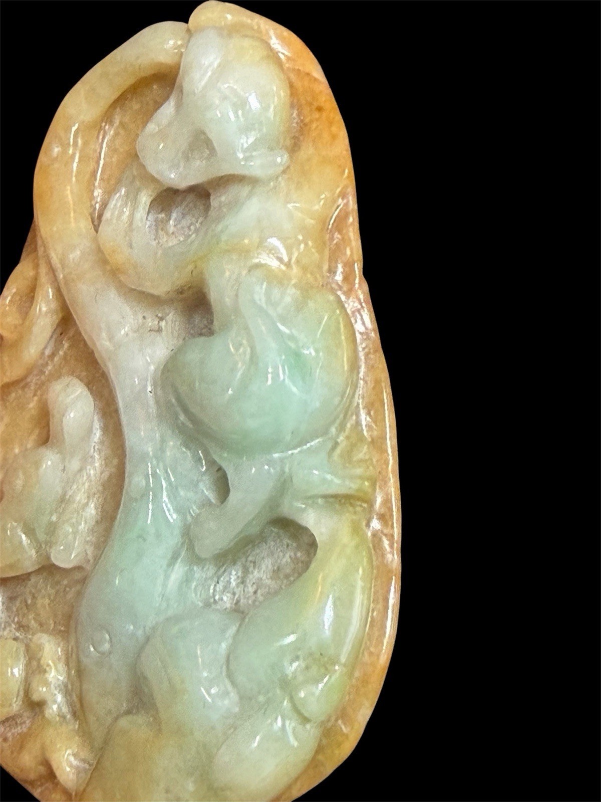 Vintage 2 3/4” Chinese Carved Jadeite Pendant Green & Russet Honey Jade Monkey