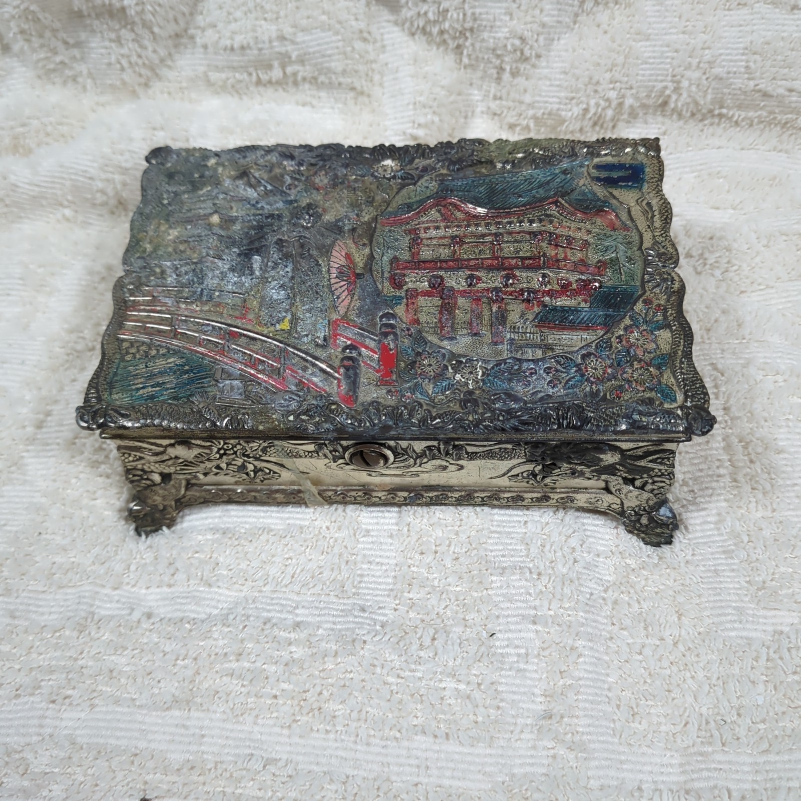Beautiful Ornate Silver Chinese Trinket Musical Box WORKS Made In Occupied Japan