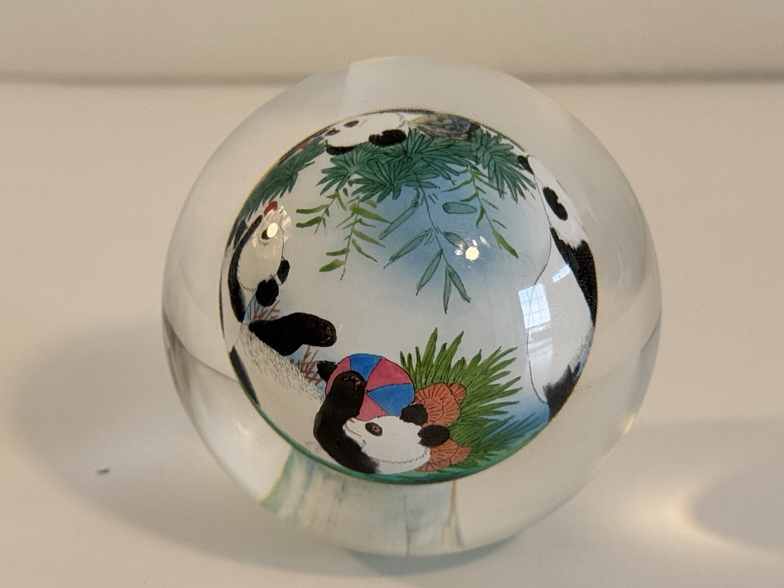 Chinese Glass Ball Sphere Paperweight Reverse Hand Painted Pandas