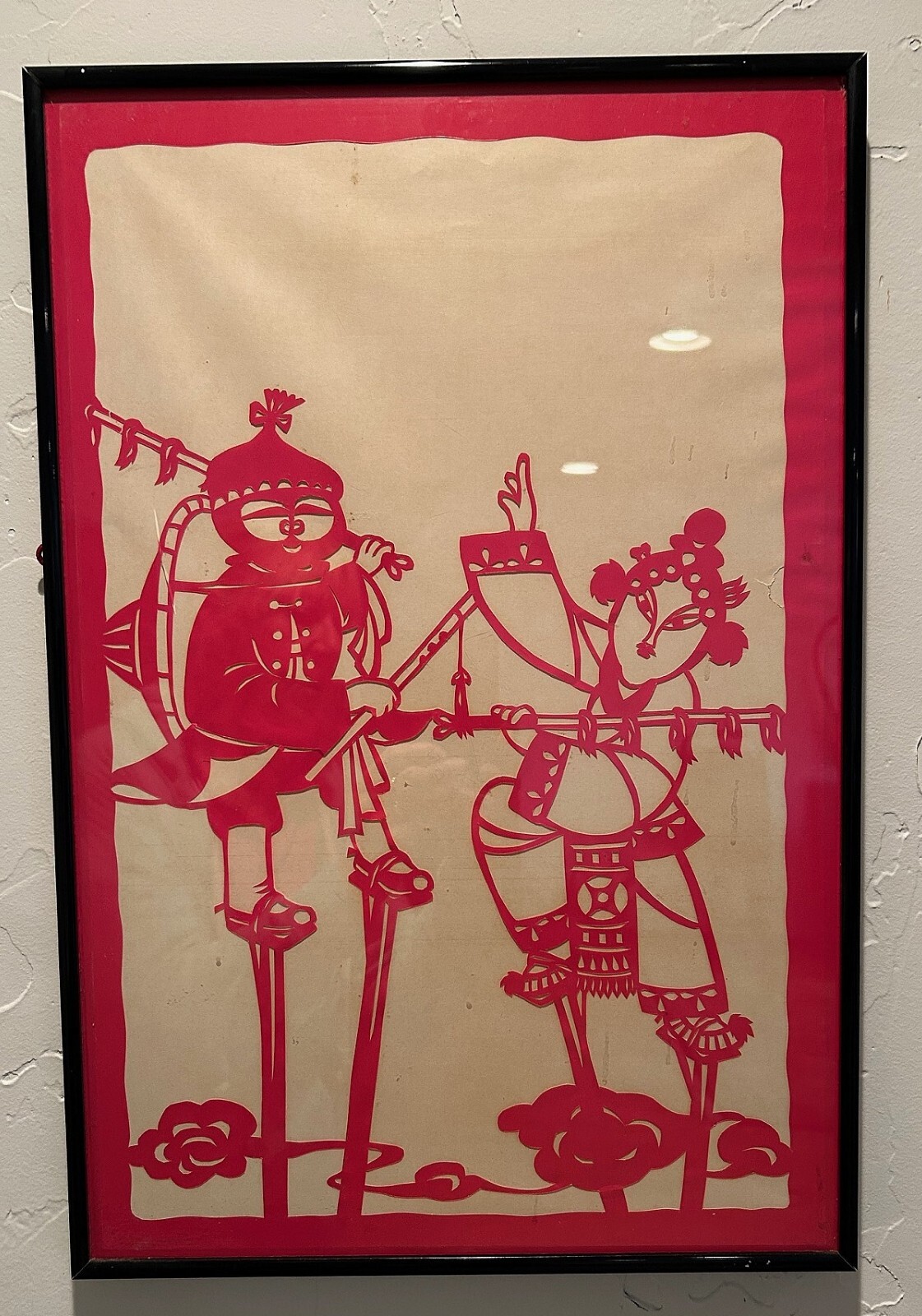Vintage Chinese Hand Cut Red Paper Cutout Picture 2 Opera Players Framed