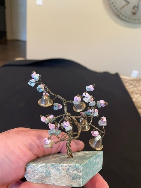 VNT Copper Wire Bonsai Tree with Brass Bells + Stone Blossoms on Quartz Base 4X3