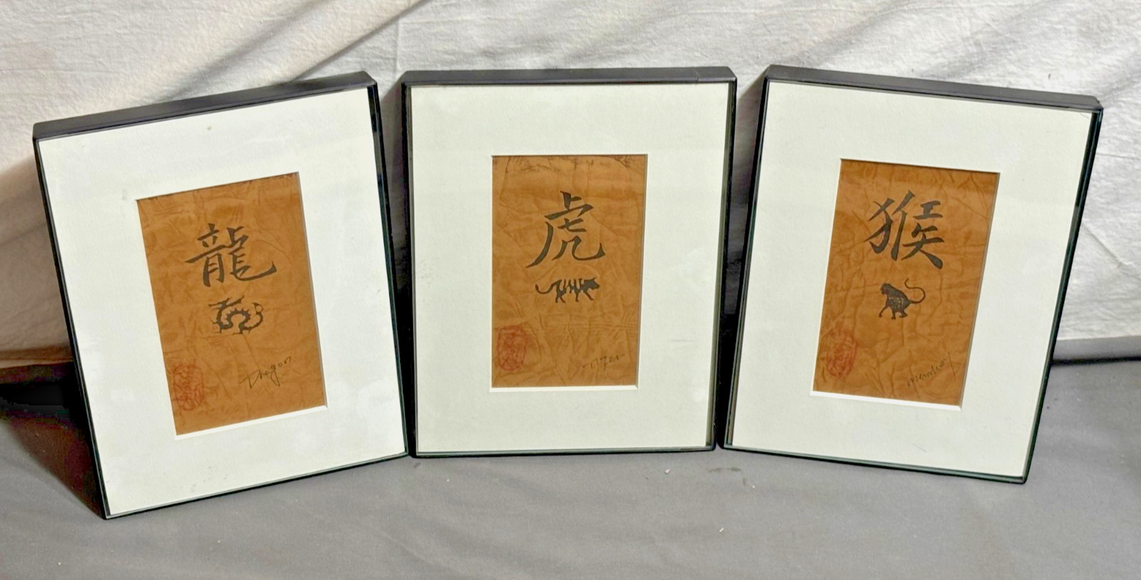 Lot 3 vintage 5×7 Chinese ZODIAC Calligraphy Art TIGER DRAGON MONKEY Signed Red
