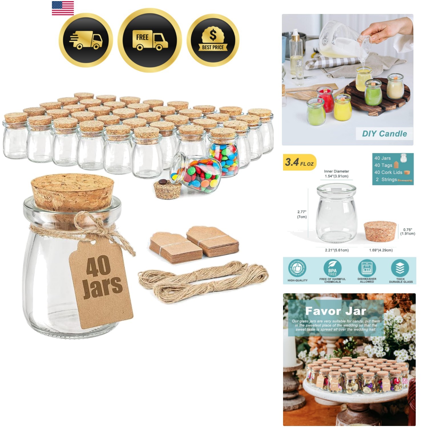 40 Pack Glass Favor Jars with Cork Lid, 3.4 oz Small Glass Bottles for Weddin…