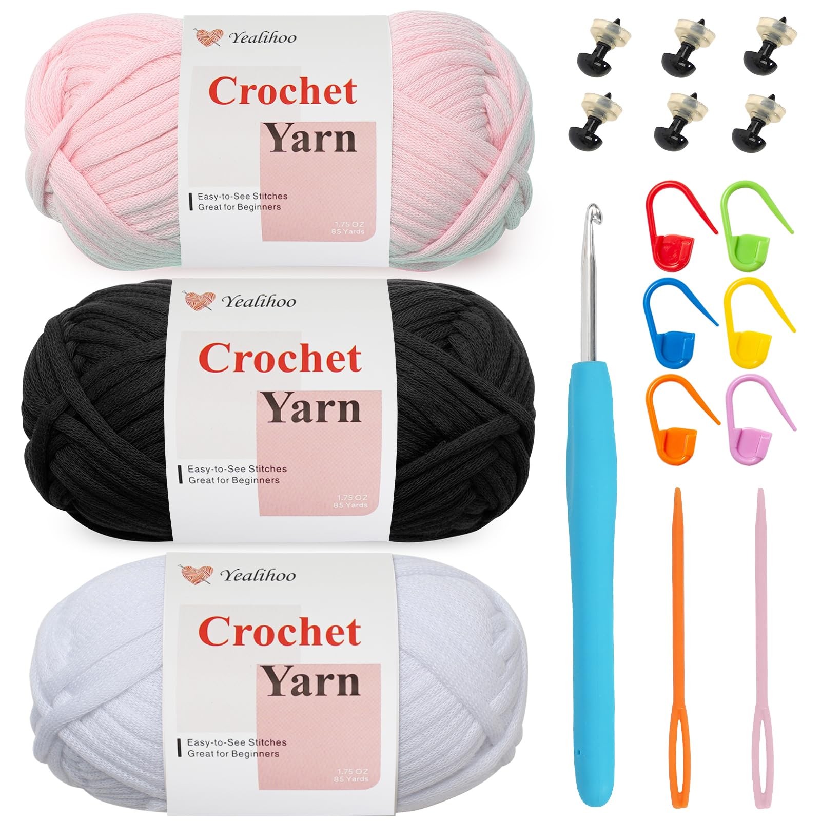 3 Pack Beginner Yarn for Crocheting, Crochet Medium, Light Pink/Black/White